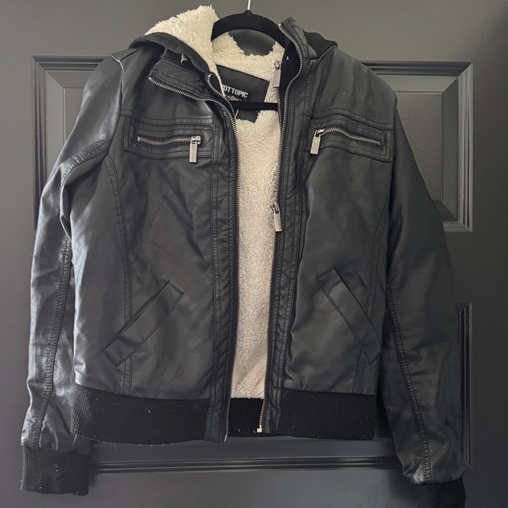Black Faux leather Jacket with hood